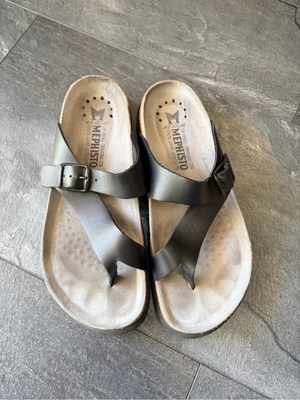 Mephisto Black Leather Toe-Post Sandals with Buckle